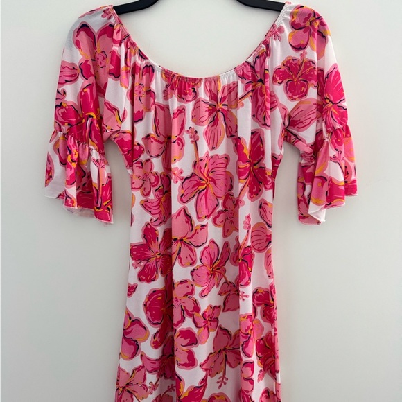 Simply Southern Pink off the shoulder Dress with Vibrant Hibiscus Floral Pattern - Picture 1 of 10